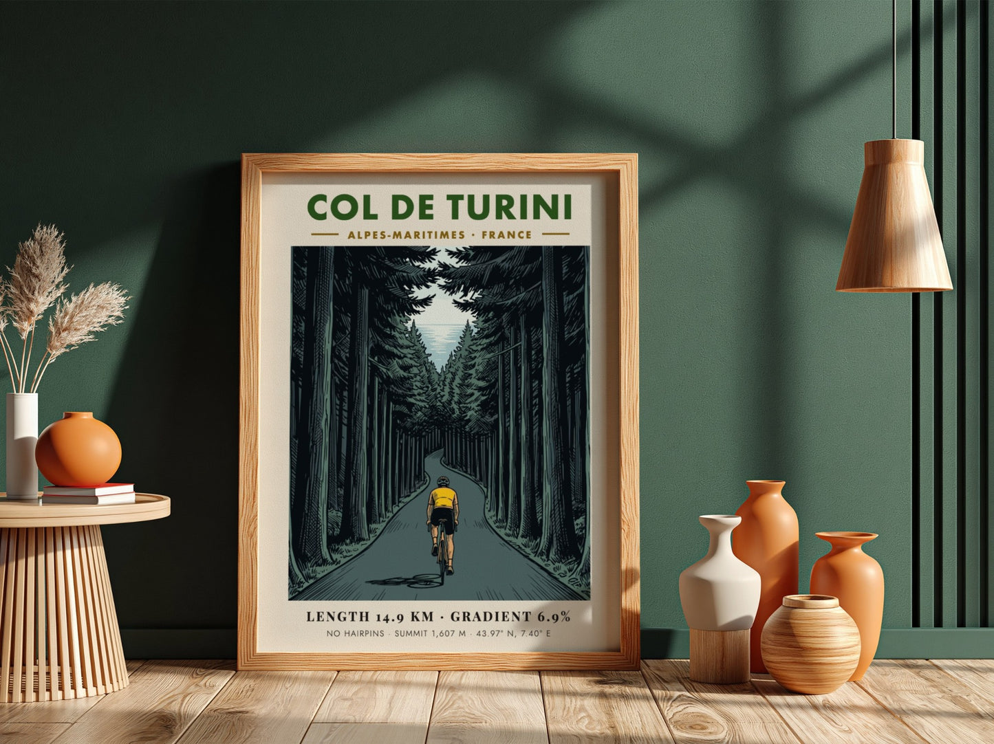 Poster of a cyclist in a yellow jersey climbing the Col De Turini