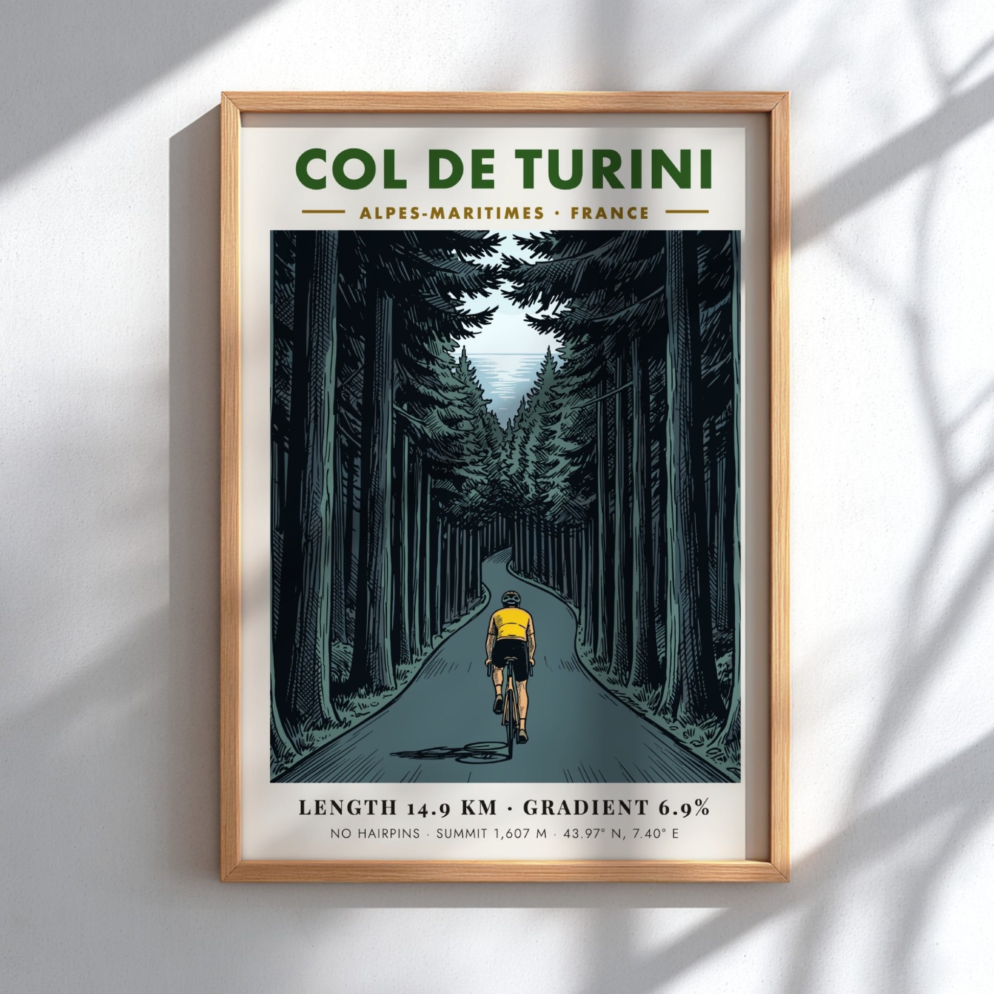 Poster of a cyclist in a yellow jersey climbing the Col De Turini