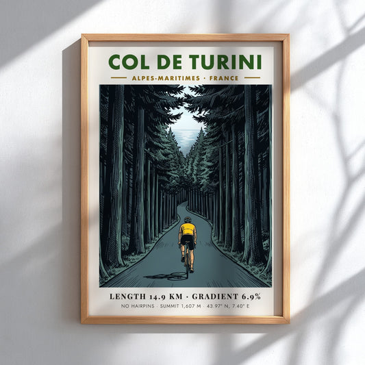 Poster of a cyclist in a yellow jersey climbing the Col De Turini