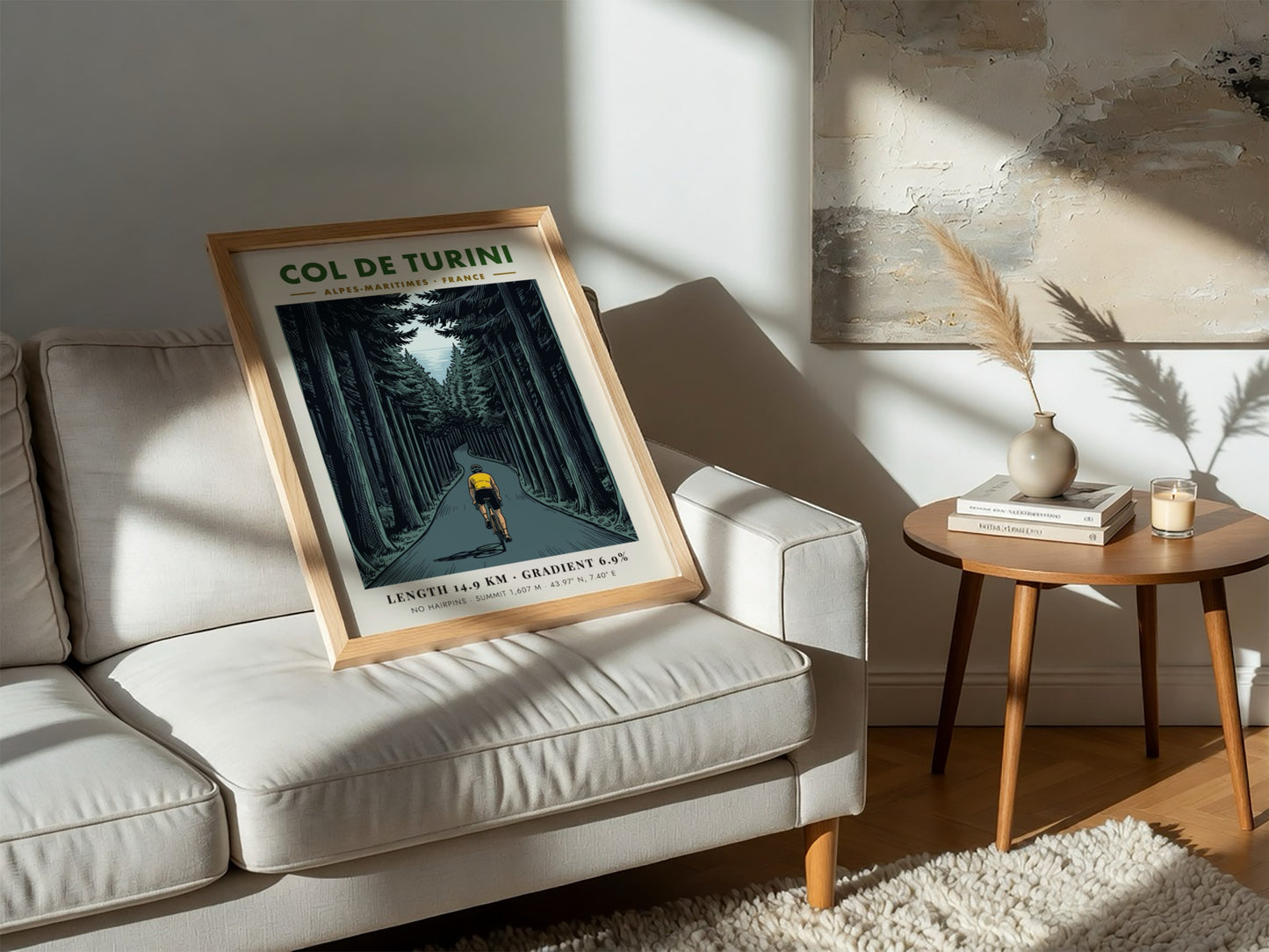 Poster of a cyclist in a yellow jersey climbing the Col De Turini