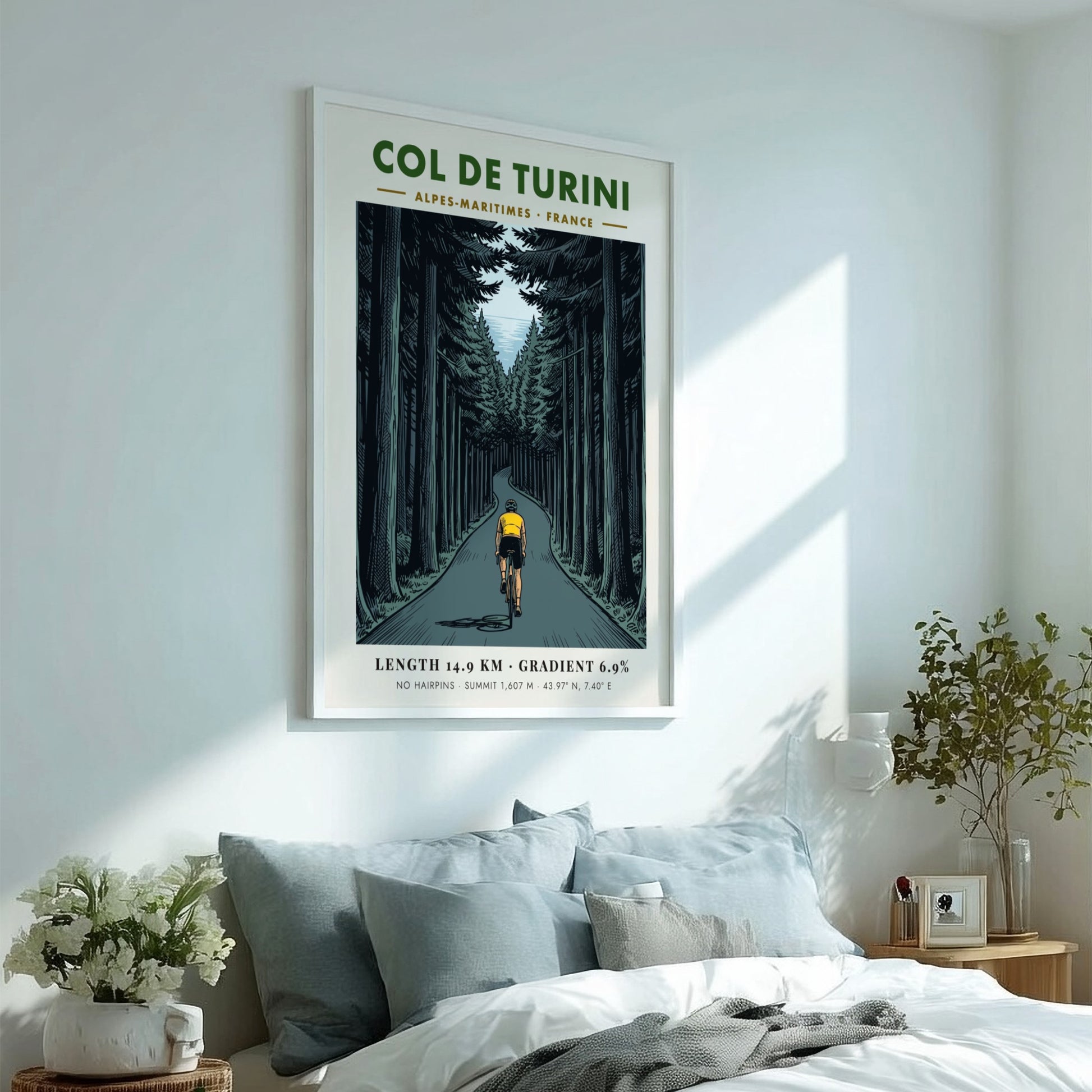 Poster of a cyclist in a yellow jersey climbing the Col De Turini
