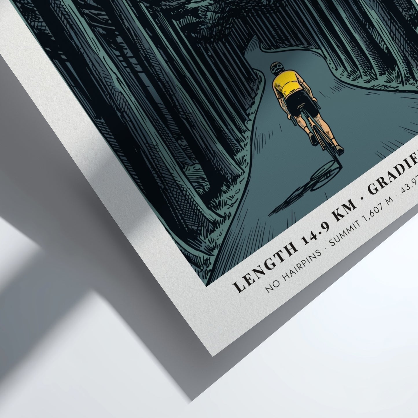 Poster of a cyclist in a yellow jersey climbing the Col De Turini