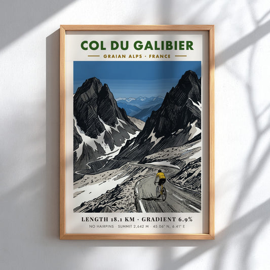 Poster of a cyclist climbing the steep, rugged Col Du Galibier mountain pass.