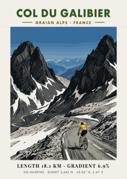 Poster of a cyclist climbing the steep, rugged Col Du Galibier mountain pass.