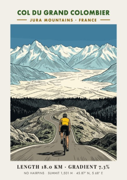 Poster of a cyclist climbing the Col Du Grand Colombier in the French mountains