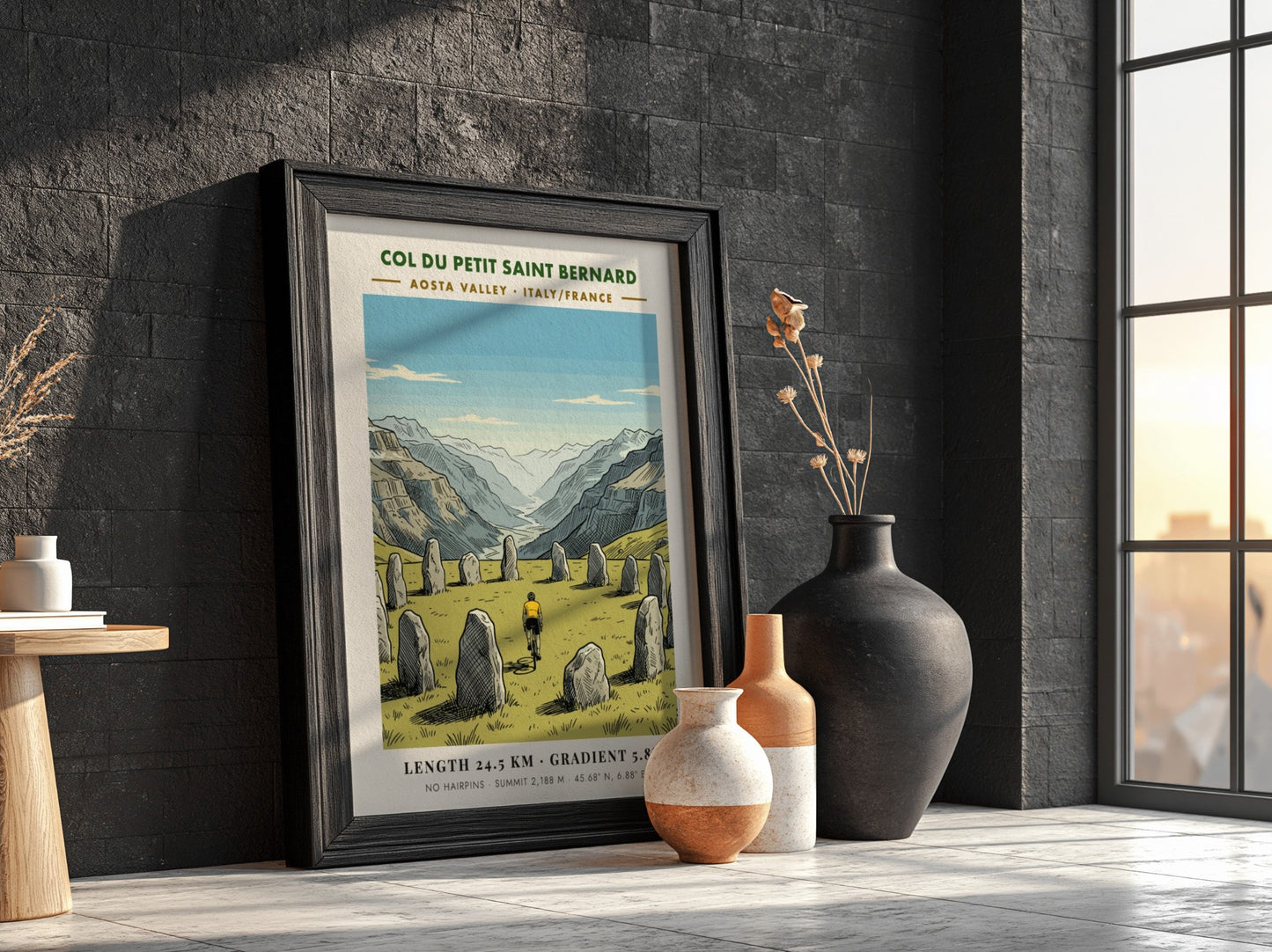 Poster featuring a cyclist riding past ancient stone monoliths in the Aosta Valley mountains.