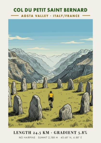 Poster featuring a cyclist riding past ancient stone monoliths in the Aosta Valley mountains.