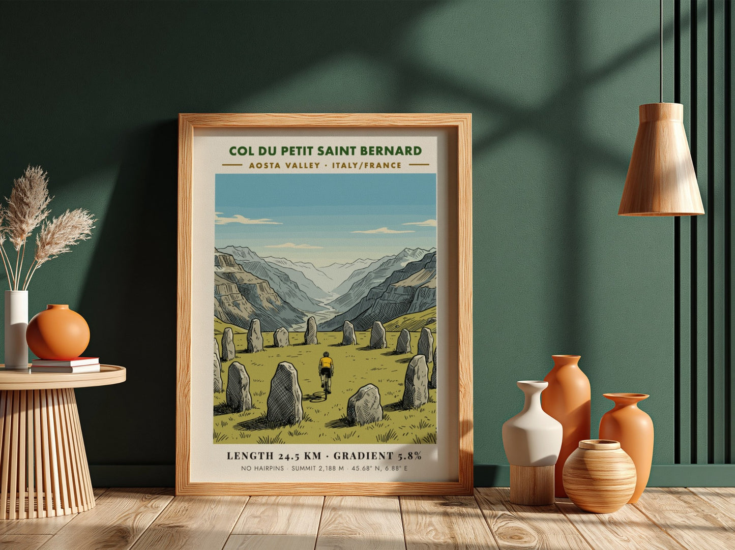 Poster featuring a cyclist riding past ancient stone monoliths in the Aosta Valley mountains.