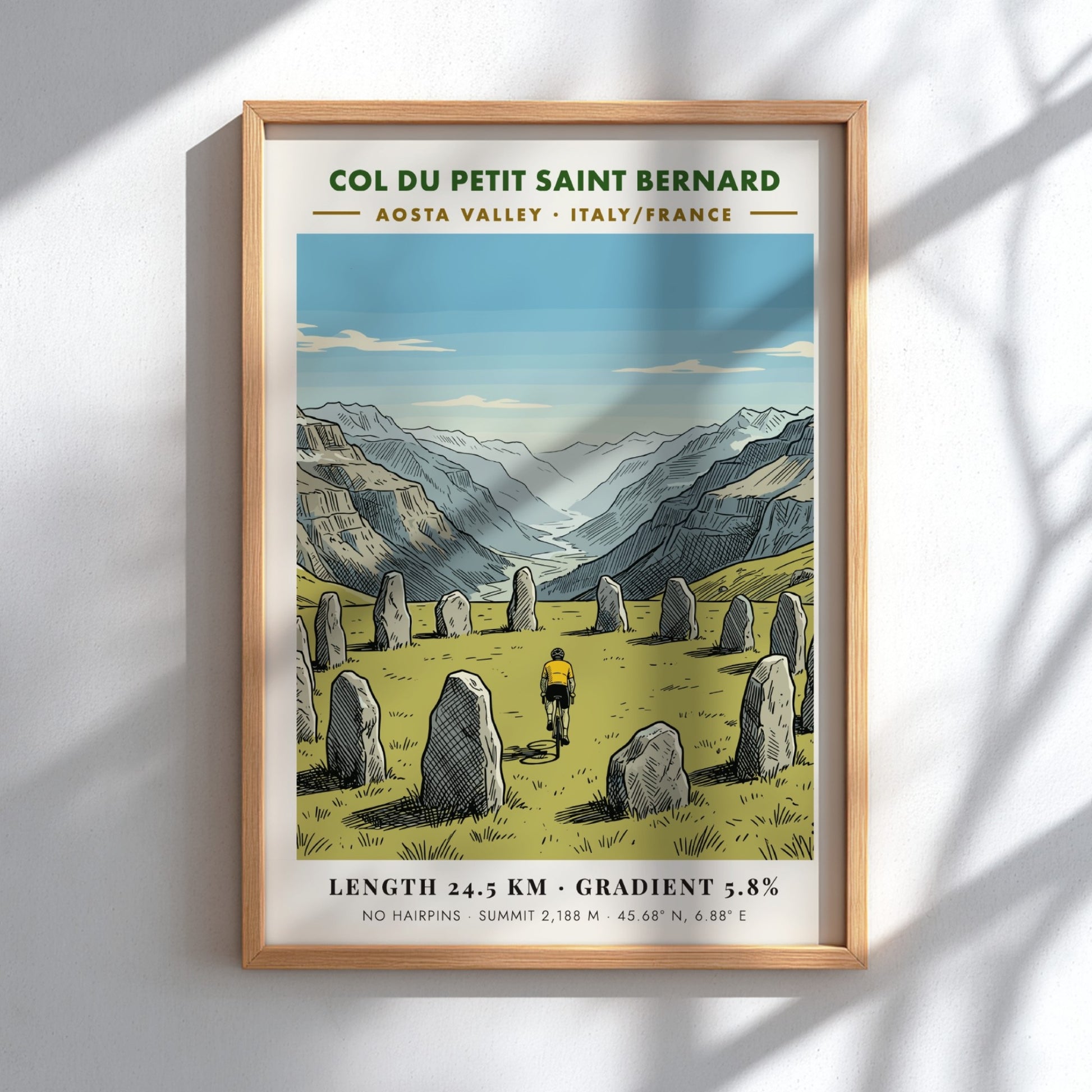 Poster featuring a cyclist riding past ancient stone monoliths in the Aosta Valley mountains.