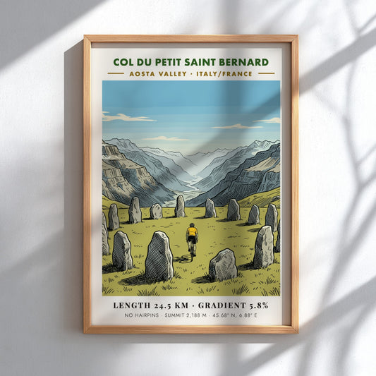 Poster featuring a cyclist riding past ancient stone monoliths in the Aosta Valley mountains.