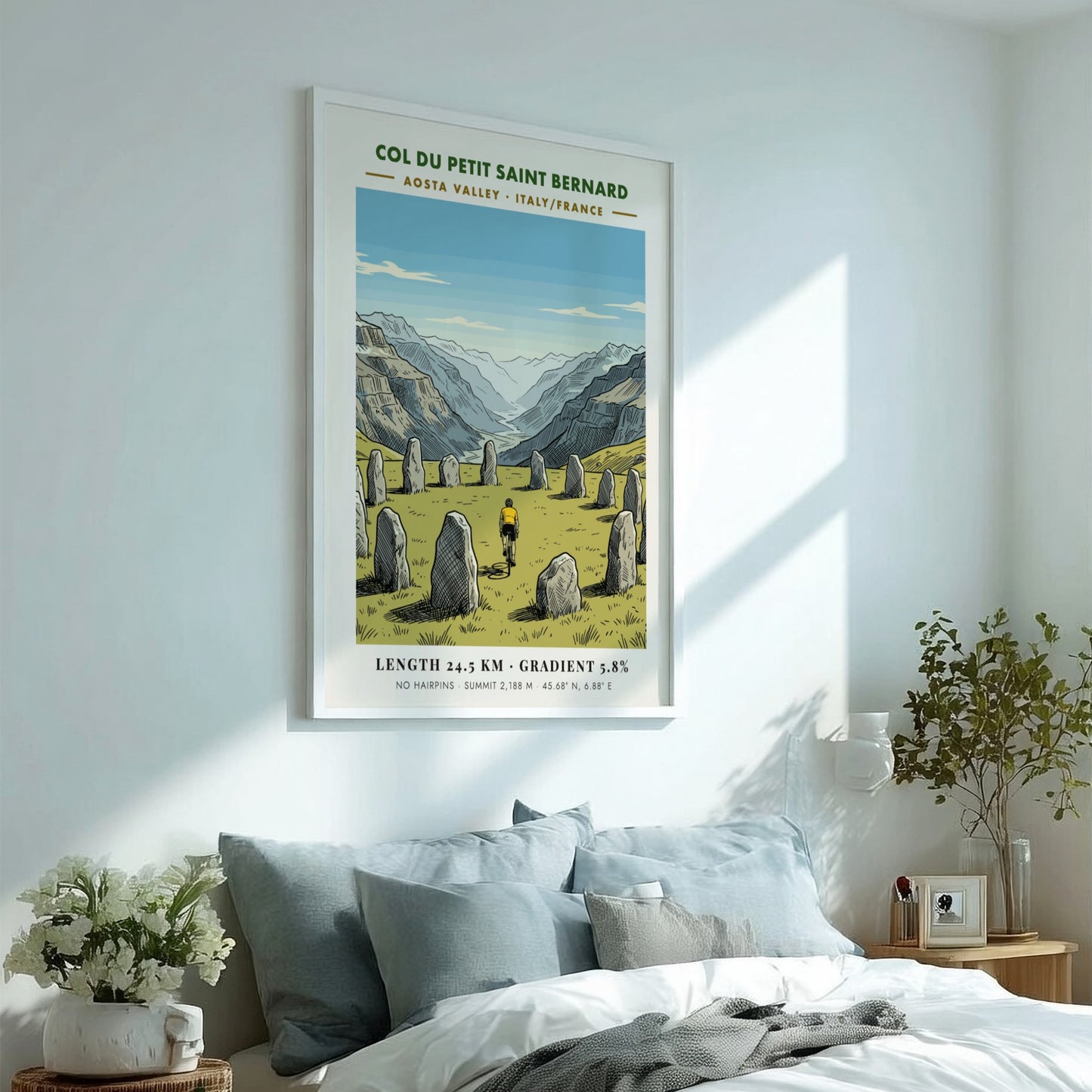 Poster featuring a cyclist riding past ancient stone monoliths in the Aosta Valley mountains.