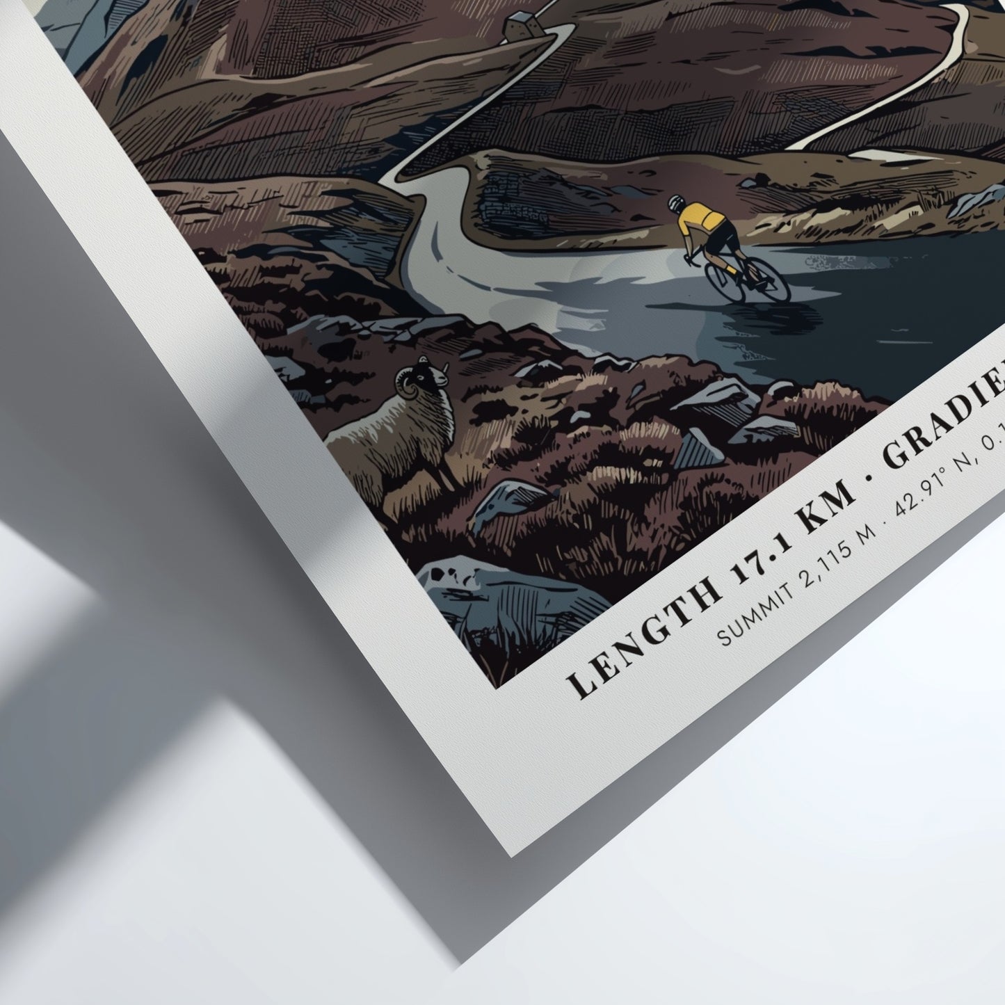 Poster featuring a cyclist climbing the Col Du Tourmalet in the French Pyrenees mountains.