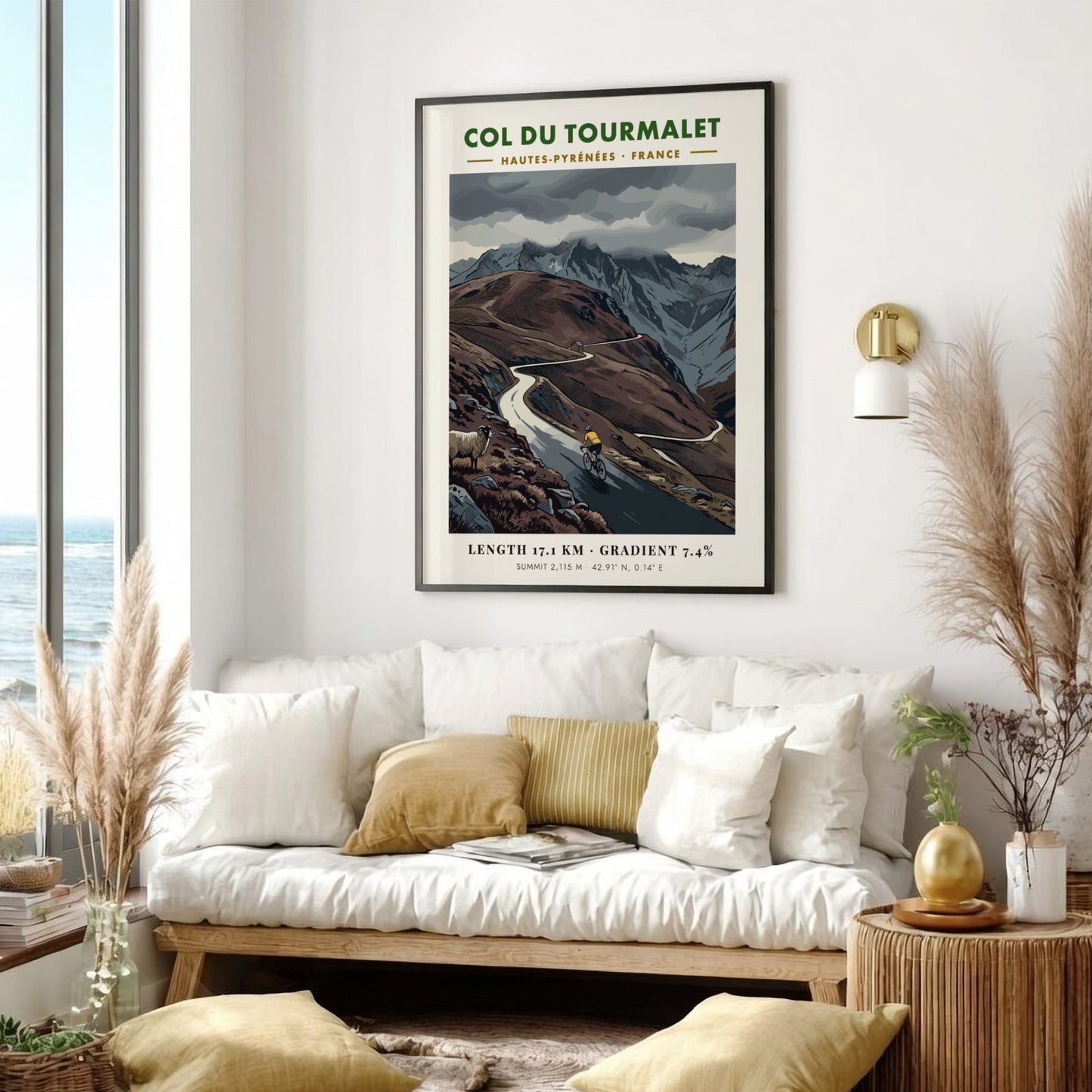 Poster featuring a cyclist climbing the Col Du Tourmalet in the French Pyrenees mountains.