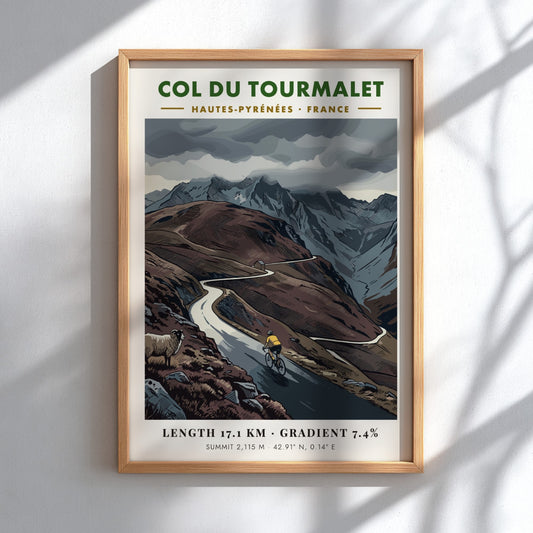 Poster featuring a cyclist climbing the Col Du Tourmalet in the French Pyrenees mountains.