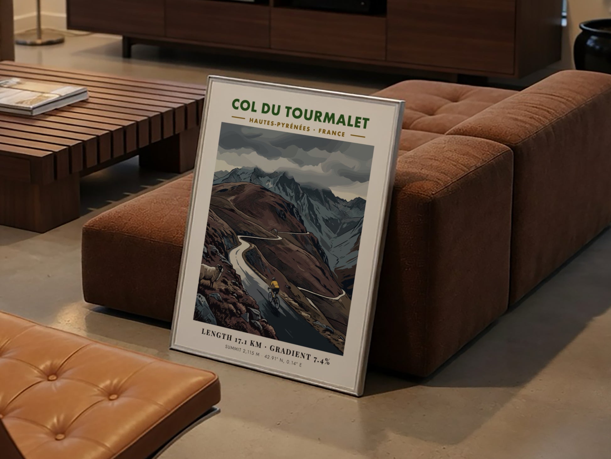 Poster featuring a cyclist climbing the Col Du Tourmalet in the French Pyrenees mountains.