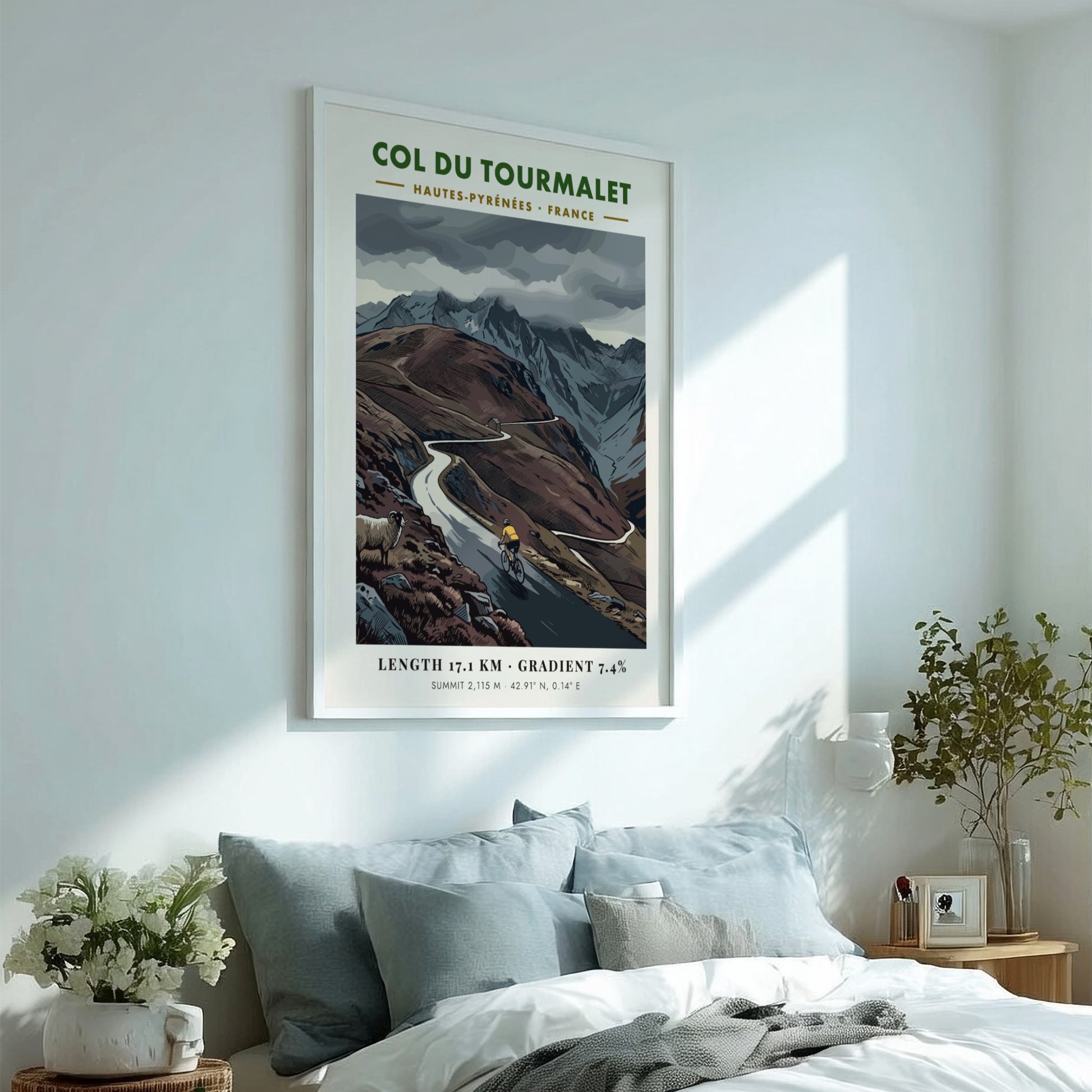 Poster featuring a cyclist climbing the Col Du Tourmalet in the French Pyrenees mountains.