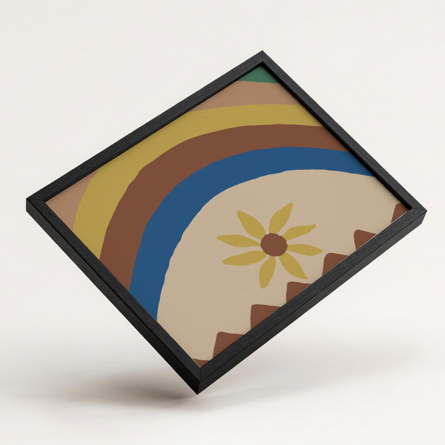 Colcha by Majel G. Claflin gouache painting featuring abstract rainbow arcs and a yellow daisy.
