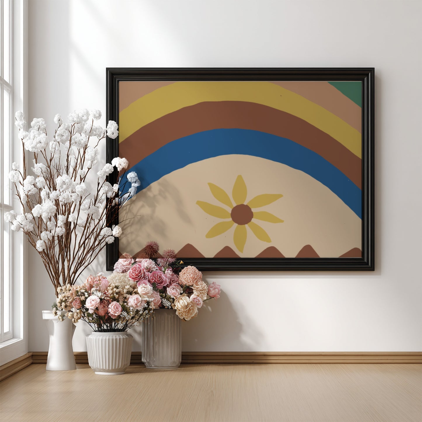 Colcha by Majel G. Claflin gouache painting featuring abstract rainbow arcs and a yellow daisy.