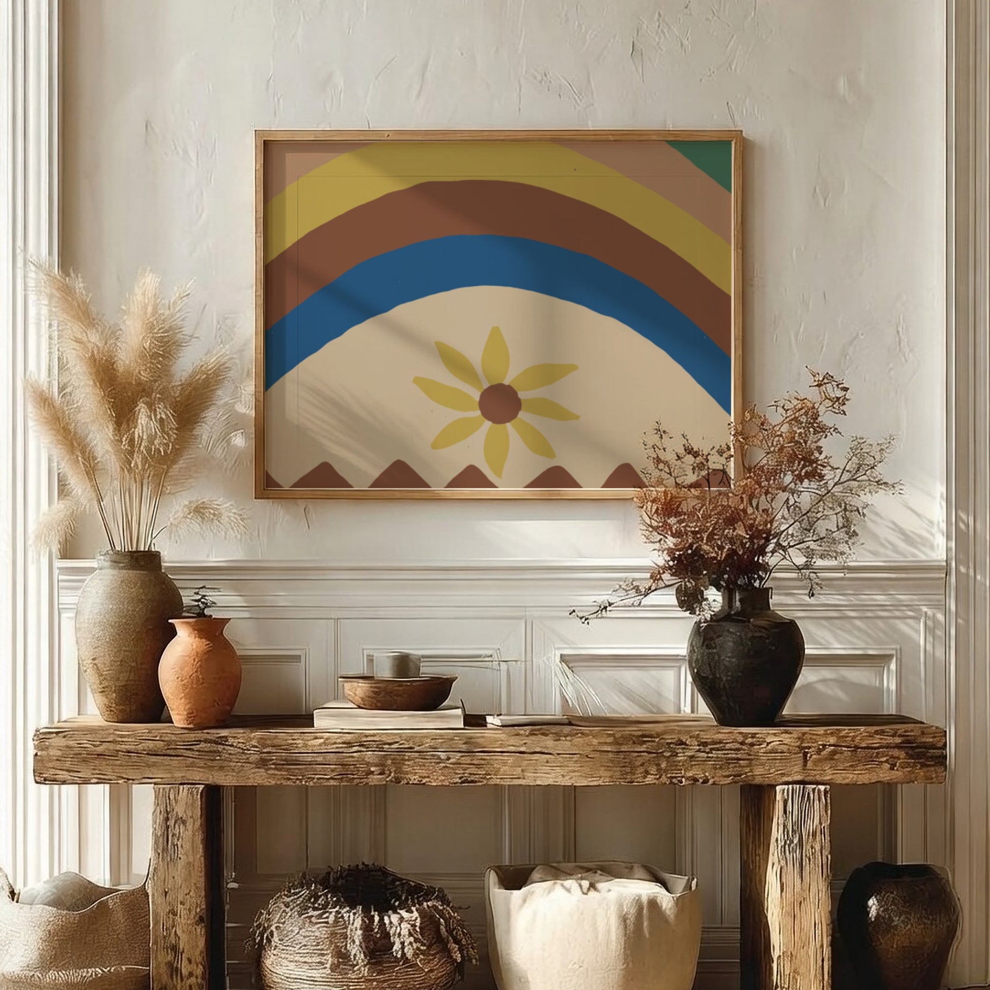 Colcha by Majel G. Claflin gouache painting featuring abstract rainbow arcs and a yellow daisy.