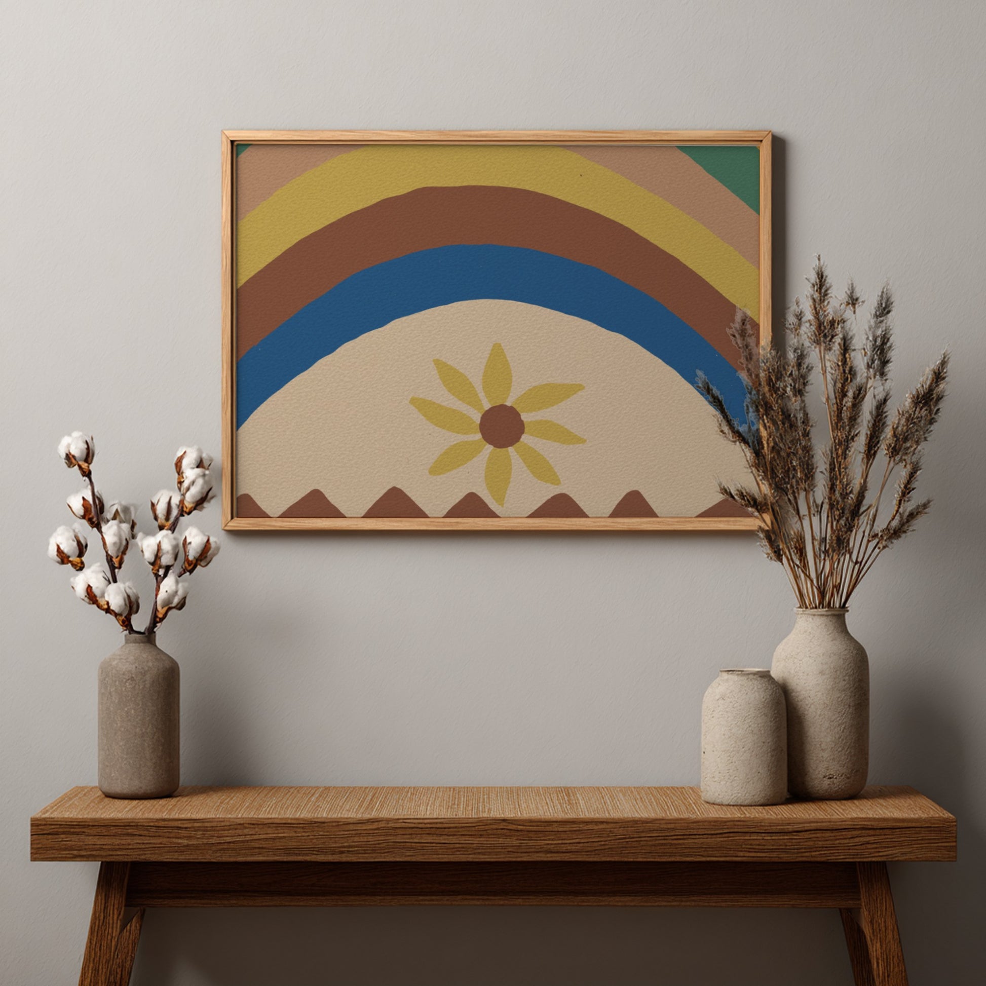 Colcha by Majel G. Claflin gouache painting featuring abstract rainbow arcs and a yellow daisy.
