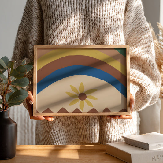 Colcha by Majel G. Claflin gouache painting featuring abstract rainbow arcs and a yellow daisy.