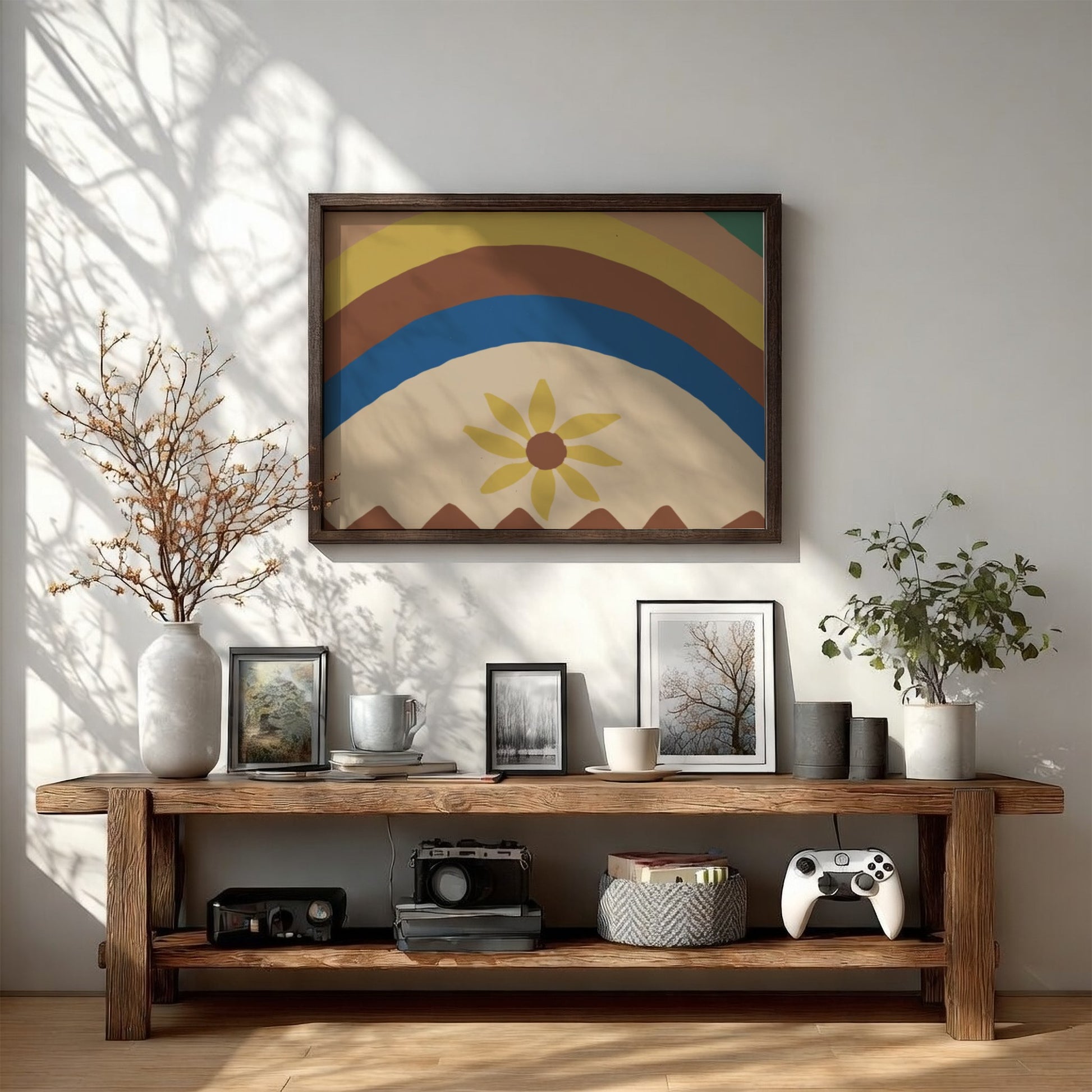Colcha by Majel G. Claflin gouache painting featuring abstract rainbow arcs and a yellow daisy.
