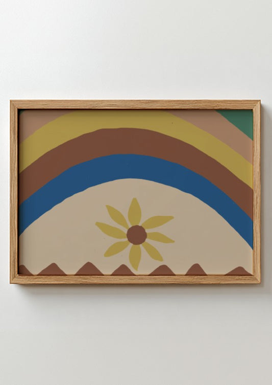 Colcha by Majel G. Claflin gouache painting featuring abstract rainbow arcs and a yellow daisy.