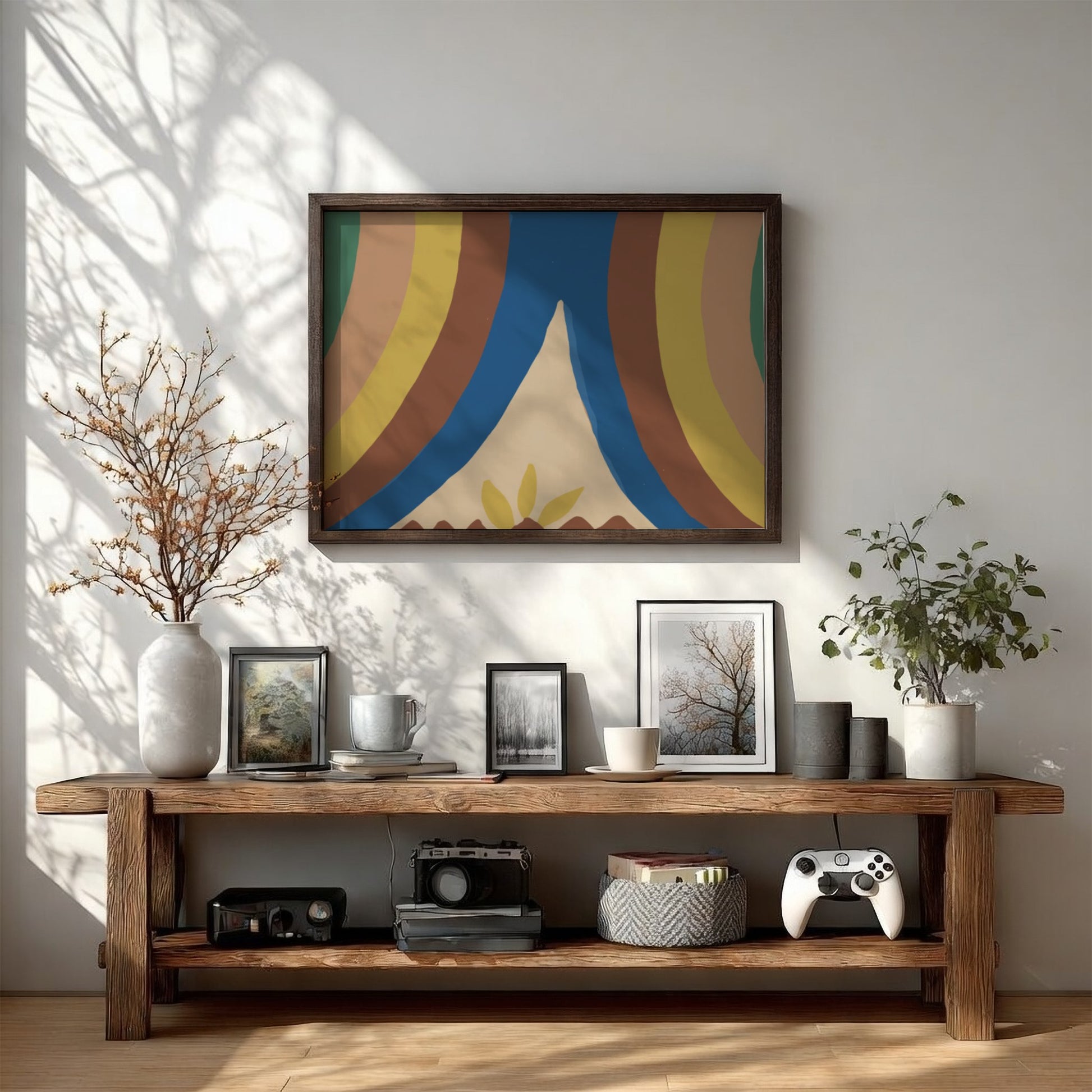 Abstract gouache and graphite painting titled "Colcha" by Majel G. Claflin, featuring curved lines in brown,