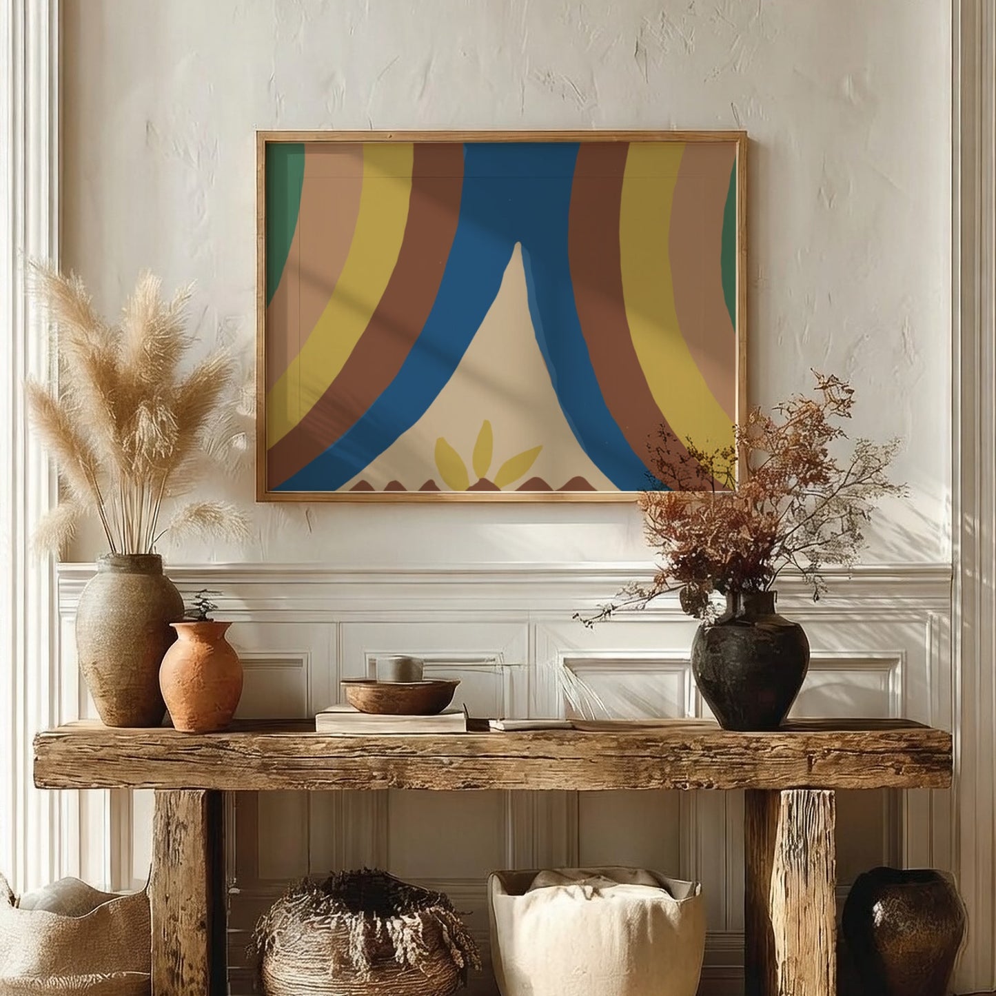 Abstract gouache and graphite painting titled "Colcha" by Majel G. Claflin, featuring curved lines in brown,
