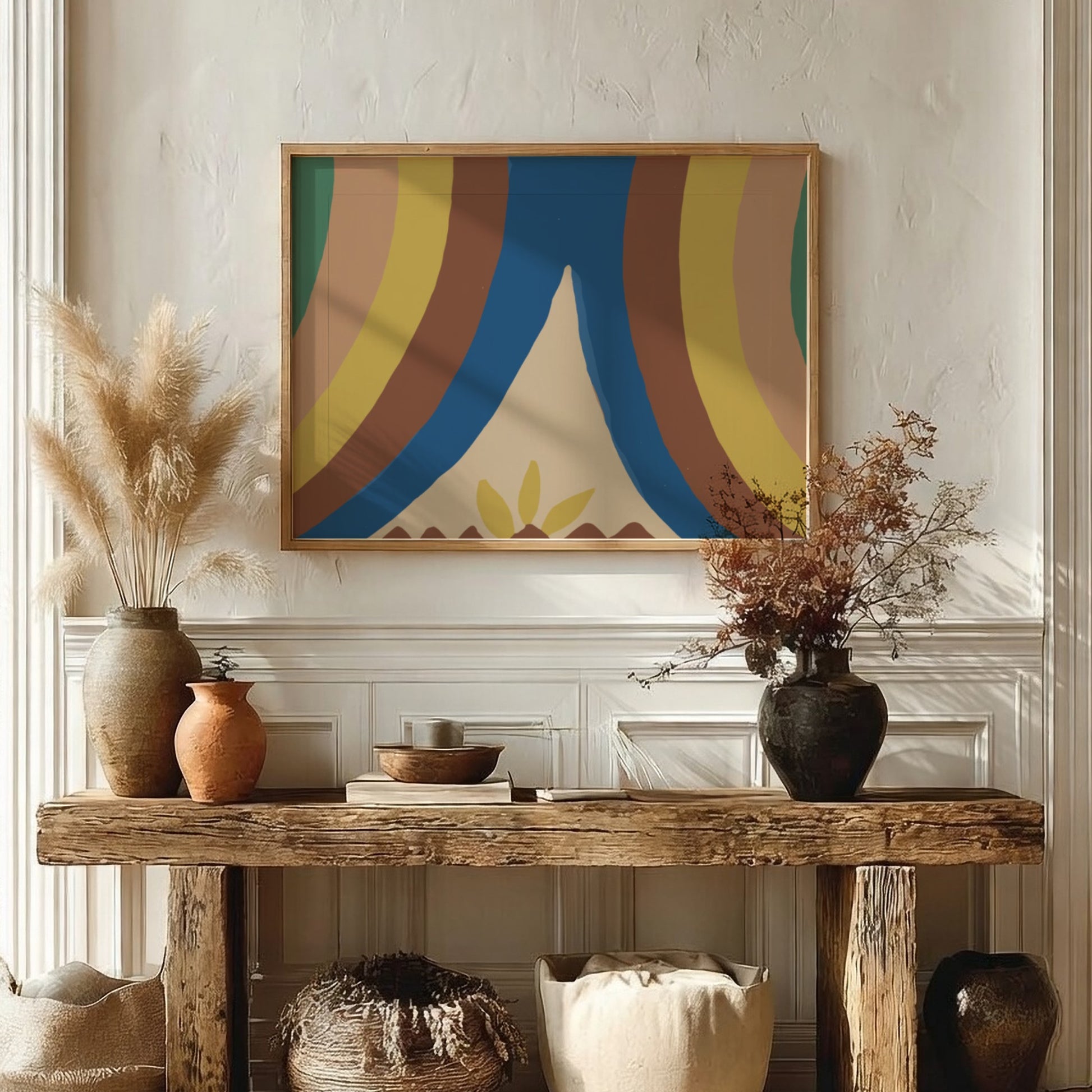 Abstract gouache and graphite painting titled "Colcha" by Majel G. Claflin, featuring curved lines in brown,