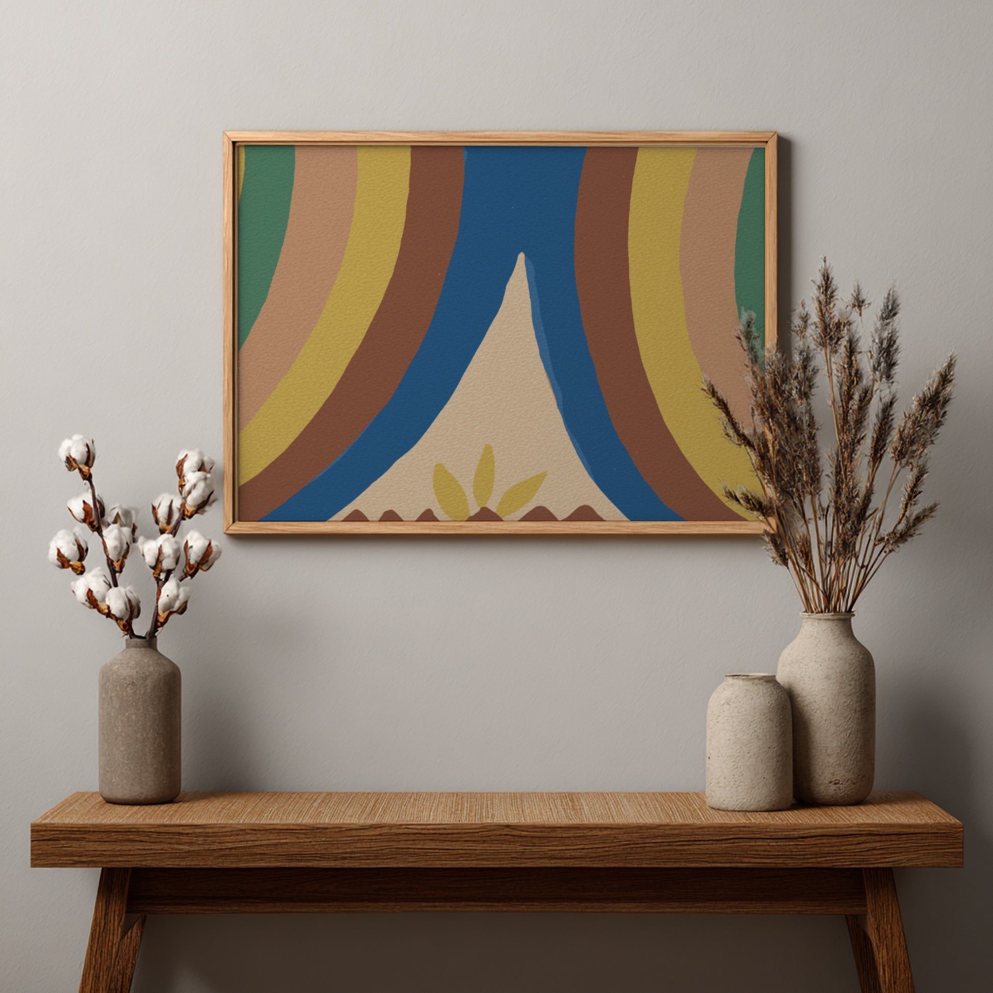 Abstract gouache and graphite painting titled "Colcha" by Majel G. Claflin, featuring curved lines in brown,