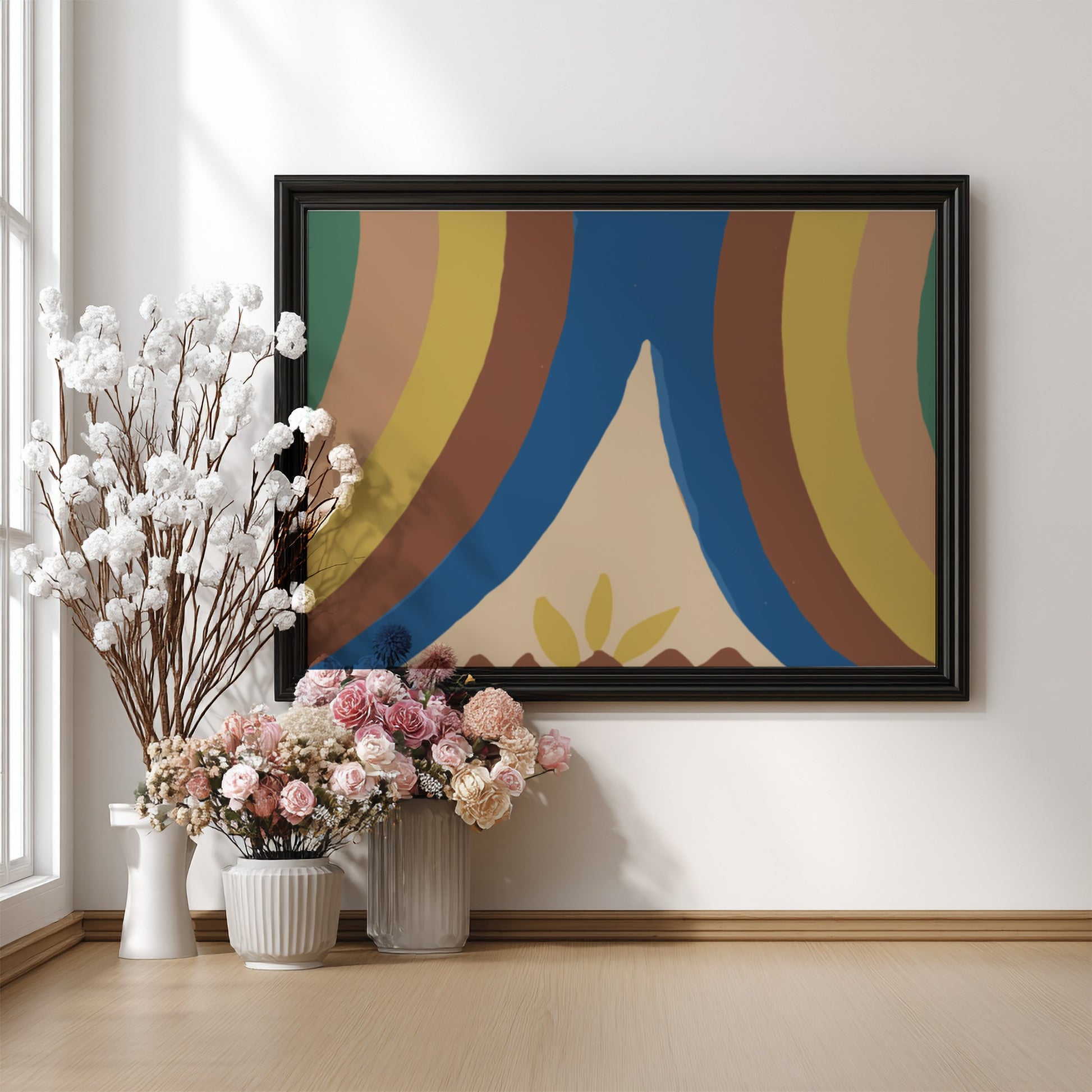 Abstract gouache and graphite painting titled "Colcha" by Majel G. Claflin, featuring curved lines in brown,