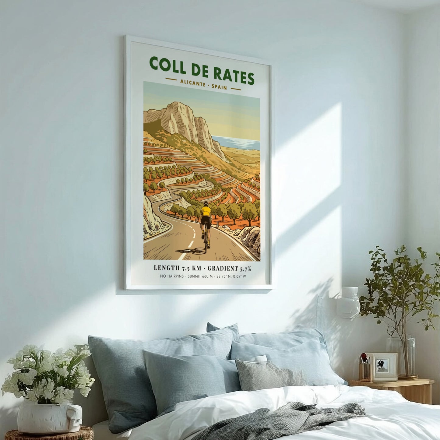 Poster featuring a cyclist climbing the winding Coll De Rates mountain road in Spain.
