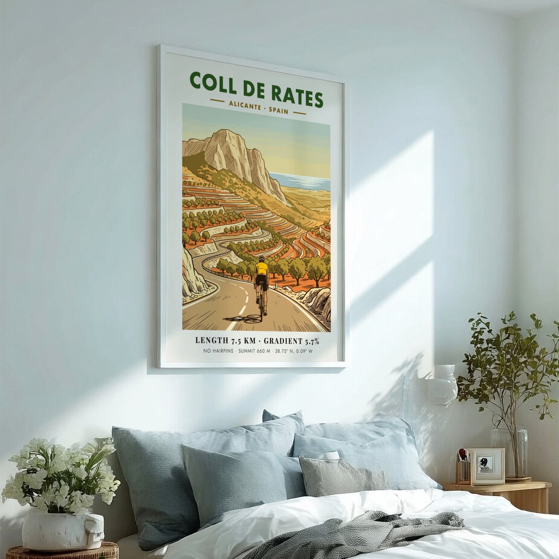 Poster featuring a cyclist climbing the winding Coll De Rates mountain road in Spain.