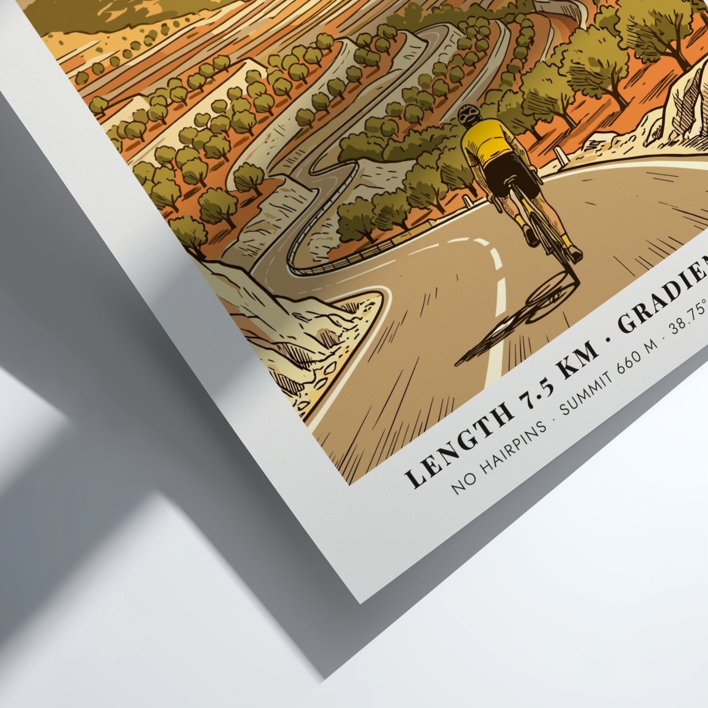 Poster featuring a cyclist climbing the winding Coll De Rates mountain road in Spain.