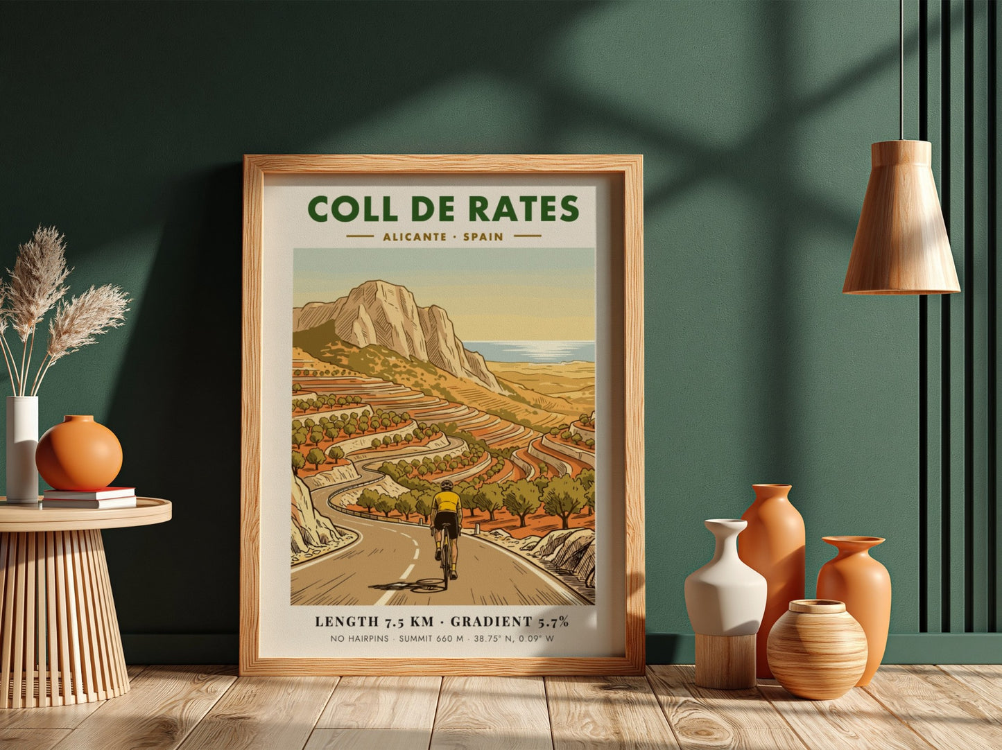 Poster featuring a cyclist climbing the winding Coll De Rates mountain road in Spain.