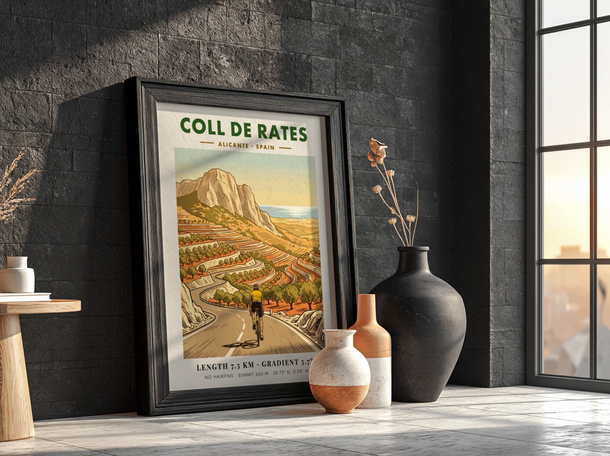 Poster featuring a cyclist climbing the winding Coll De Rates mountain road in Spain.