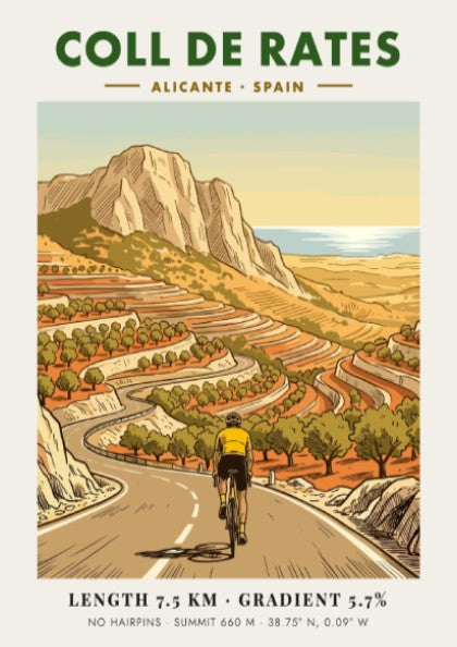 Poster featuring a cyclist climbing the winding Coll De Rates mountain road in Spain.