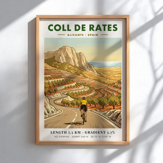 Poster featuring a cyclist climbing the winding Coll De Rates mountain road in Spain.