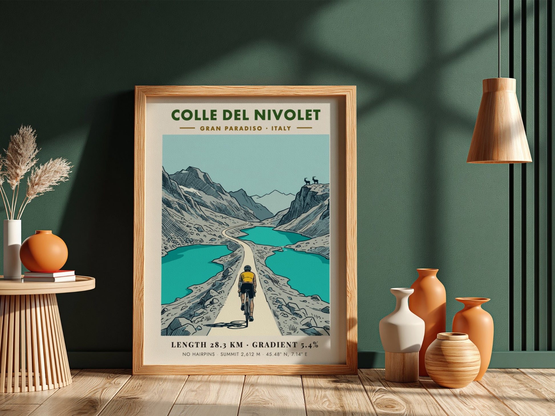 Poster of a cyclist climbing the Colle Del Nivolet in the Italian Gran Paradiso.