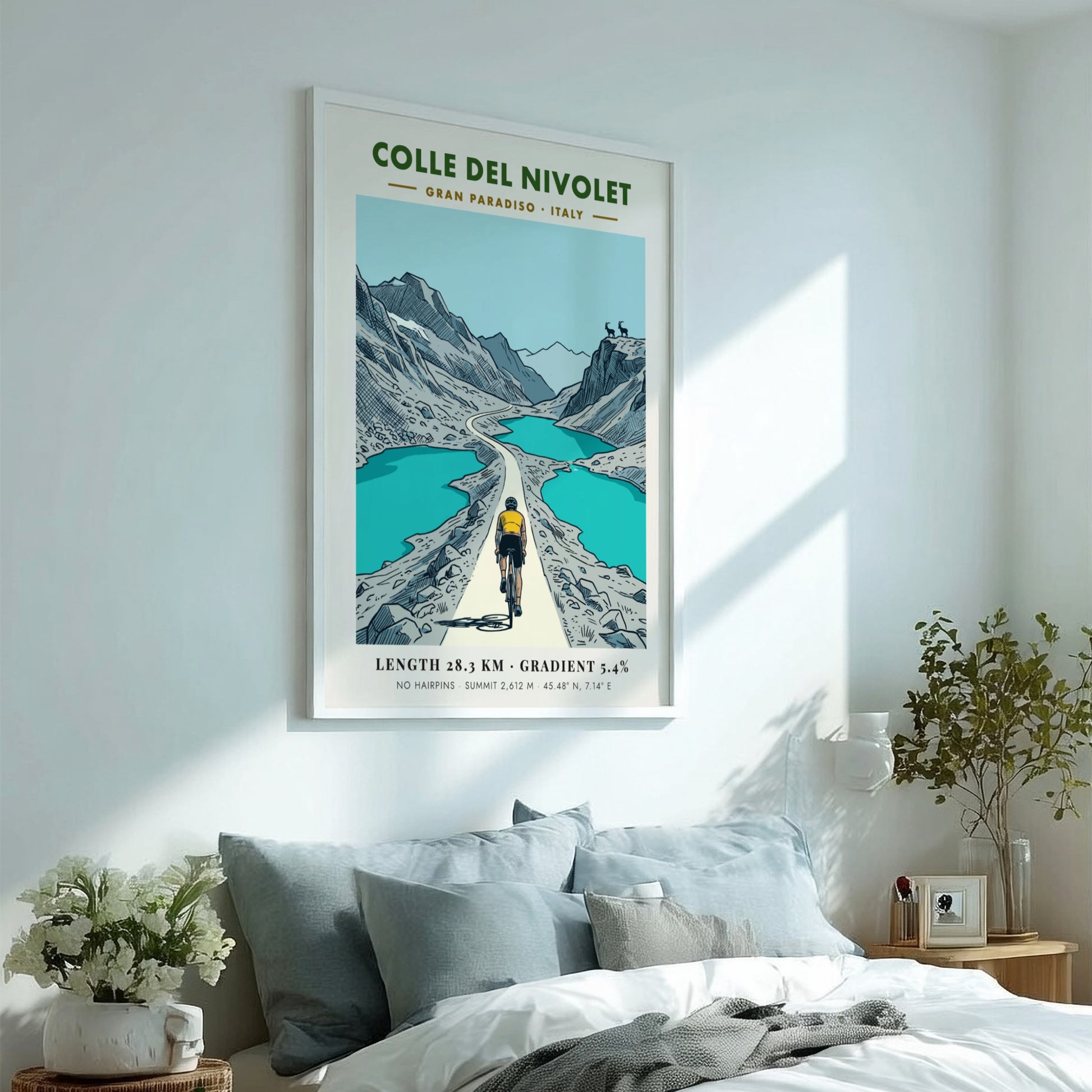 Poster of a cyclist climbing the Colle Del Nivolet in the Italian Gran Paradiso.