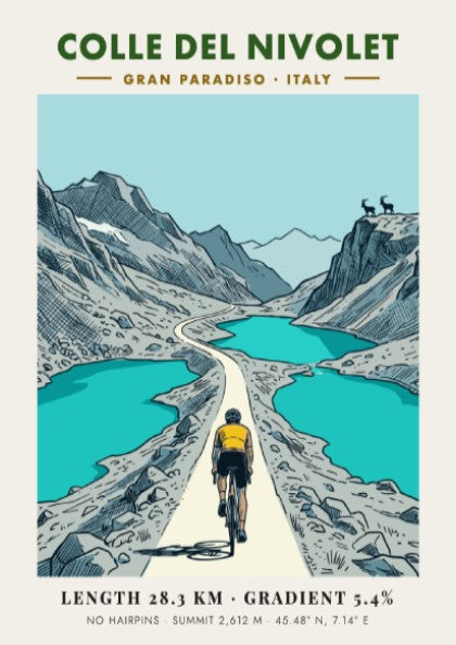 Poster of a cyclist climbing the Colle Del Nivolet in the Italian Gran Paradiso.