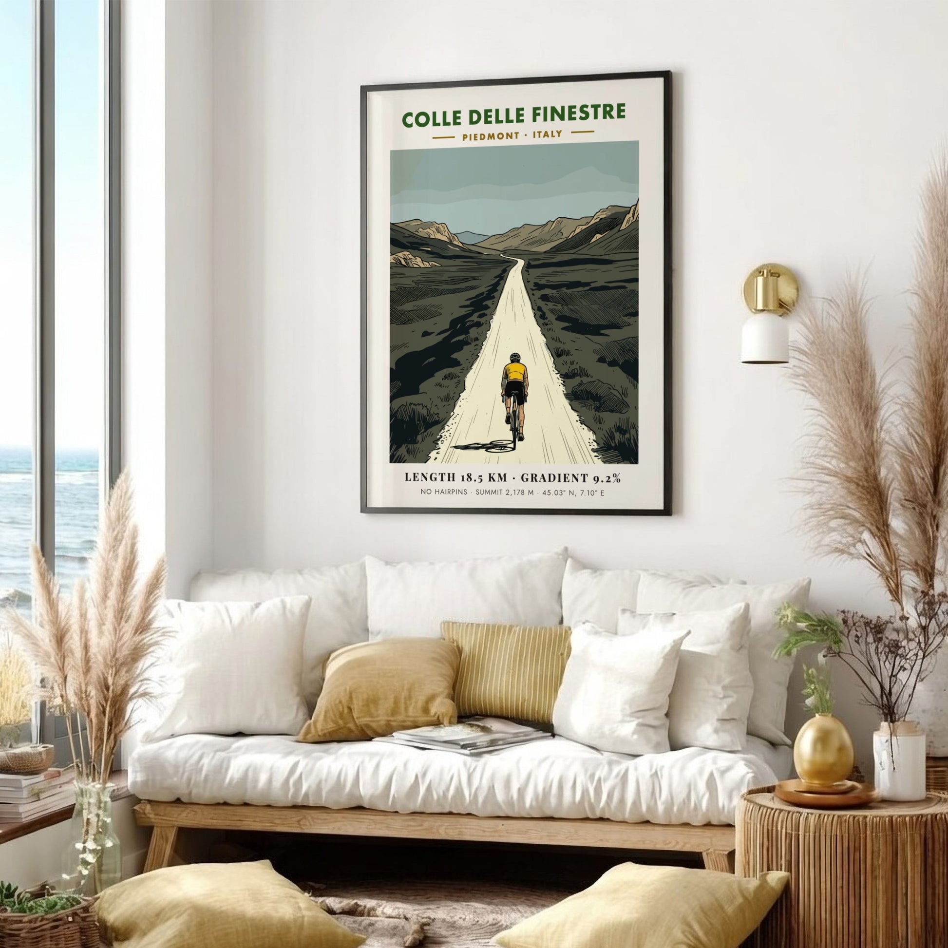 Poster of a lone cyclist climbing the rugged Colle Delle Finestre road in Piedmont.