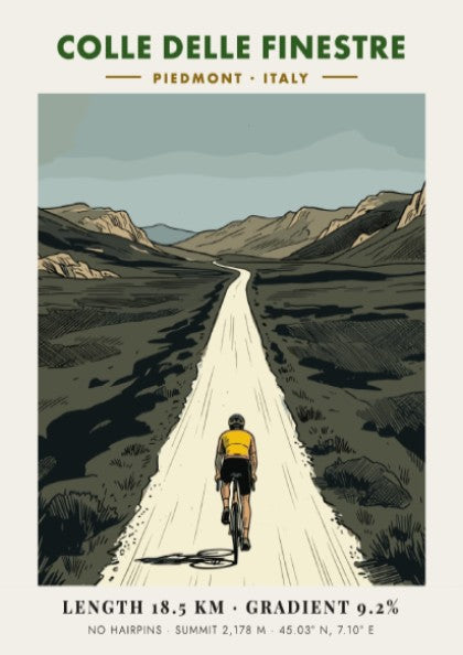 Poster of a lone cyclist climbing the rugged Colle Delle Finestre road in Piedmont.