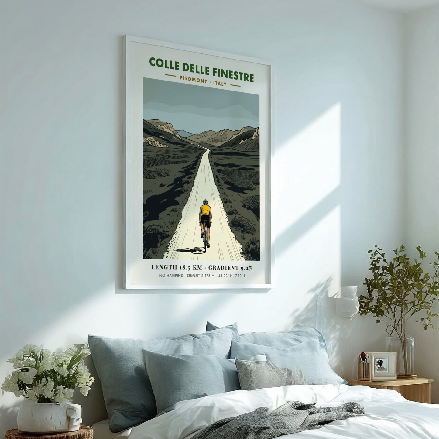Poster of a lone cyclist climbing the rugged Colle Delle Finestre road in Piedmont.