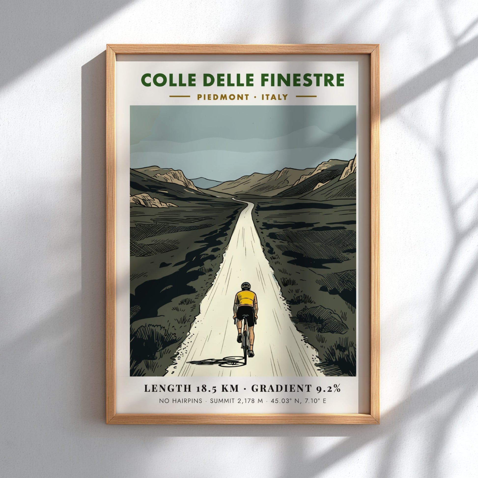 Poster of a lone cyclist climbing the rugged Colle Delle Finestre road in Piedmont.