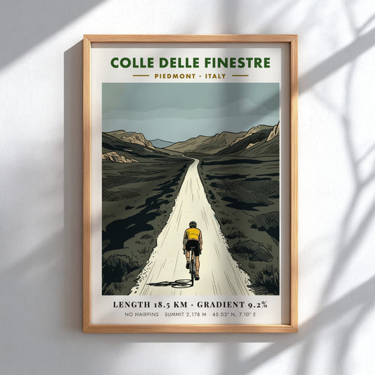 Poster of a lone cyclist climbing the rugged Colle Delle Finestre road in Piedmont.