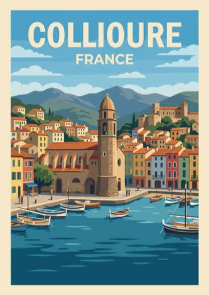 Poster of Collioure France featuring a harbor with boats and a bell tower.