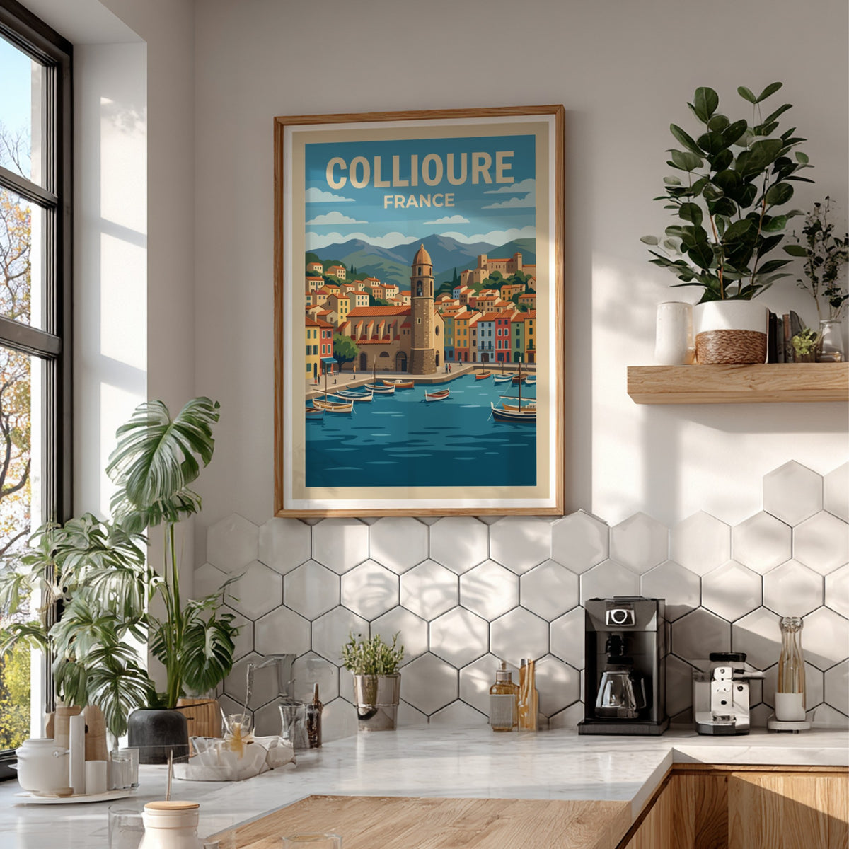 Poster of Collioure France featuring a harbor with boats and a bell tower.