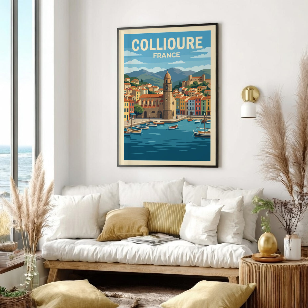 Poster of Collioure France featuring a harbor with boats and a bell tower.